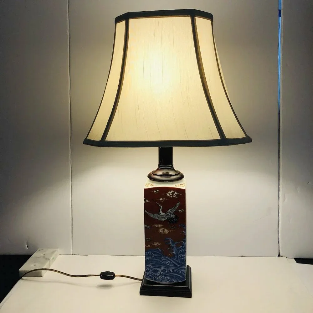 Chinese Square Orange Red Porcelain Lamp Shade Birds Sea Cloud Gold Hand painted